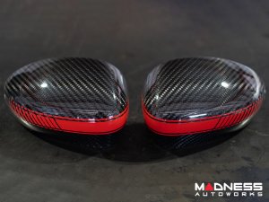 FIAT 500 Mirror Covers - Carbon Fiber - Red Racing Stripe w/ White Scorpion